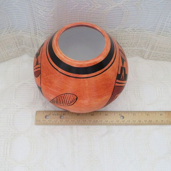 Vintage Orange Handpainted Mexican Pottery with Handpainted Hopi Style Design - Picture 7 of 10